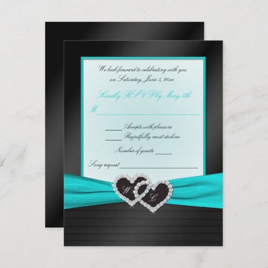 Plis de satin noir FAUX Monogramme avec Aqua RSVP (Devant / Derrière)