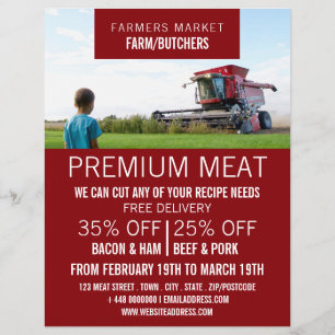 Ploeger in het veld, boer en slager reclame flyer