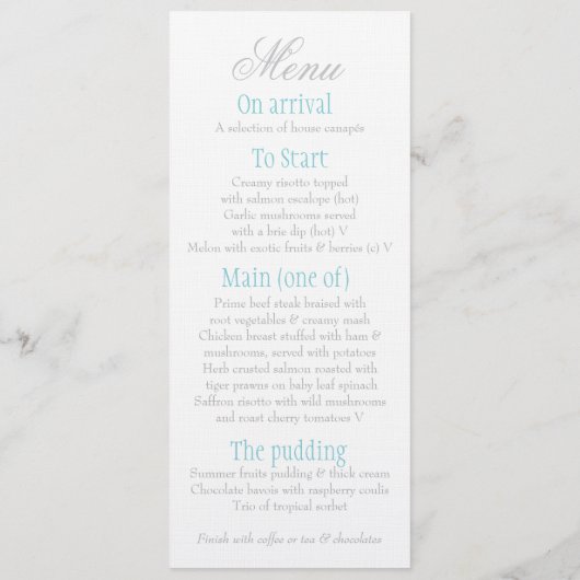 Plongée grise avec menu du dîner mariage bleu (Dos)