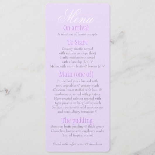 Plongée grise avec menu du dîner mariage violet (Dos)