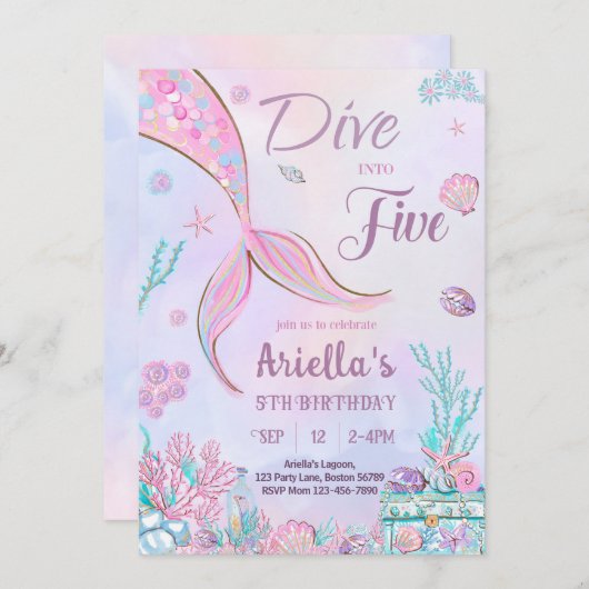 Plongez dans cinq Invitation Anniversaire Mermaid (Devant / Derrière)