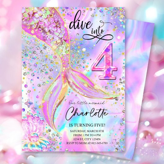 Plongez dans quatre 4 Ans Mermaid Invitation Edi