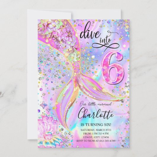Plongez dans six 6 Ans Mermaid Invitation Modifier (Devant)