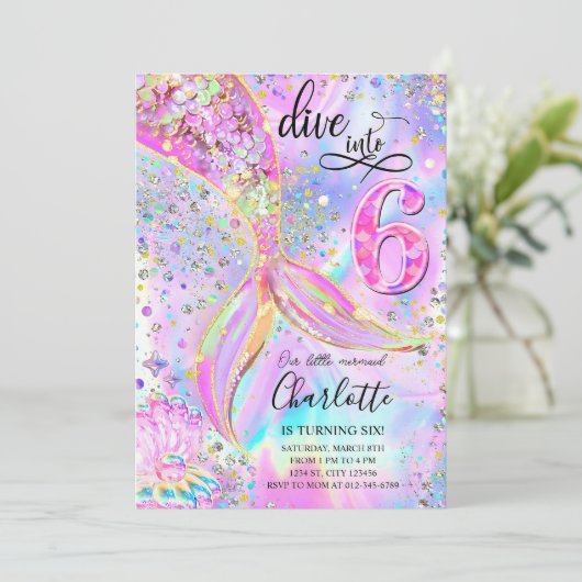 Plongez dans six 6 Ans Mermaid Invitation Modifier (Debout devant)