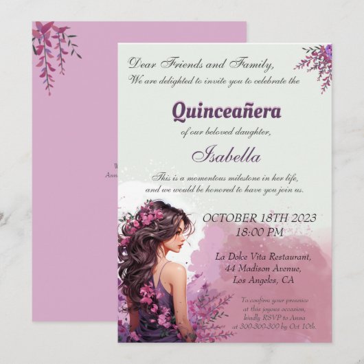 Plorale pourpre Chic Quinceanera Invitation (Devant / Derrière)