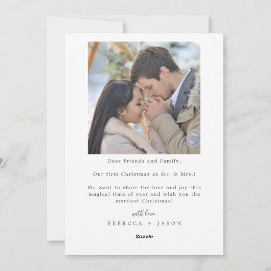 Plotselinge getrouwde minimalistische Winter Wedde Feestdagenkaart (Achterkant)