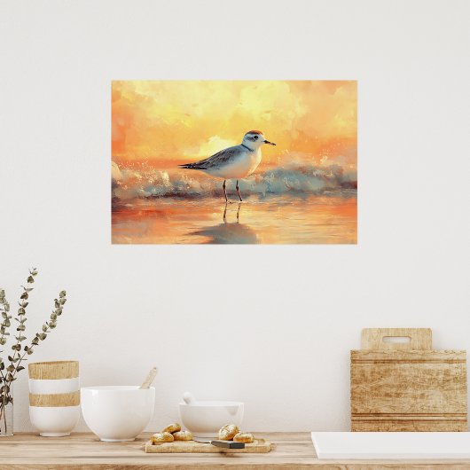 Plover Standing in Ocean Waves During Sunset Poster (Keuken)