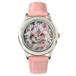pluizig roze en witte puppy horloge