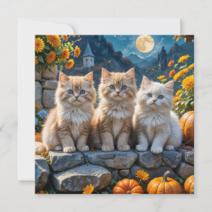 Pluizige Herfst Kittens Pompoenen en Bloemen Kaart