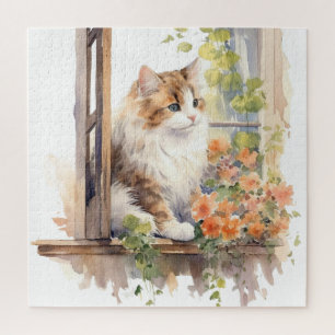 Pluizige Kat Boerderij Woonkamer Ramen Oranje Bloe Legpuzzel