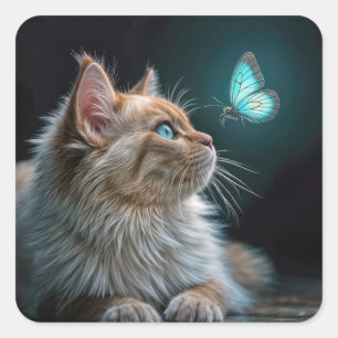 Pluizige kat met een gloeiende neonvlinder vierkante sticker