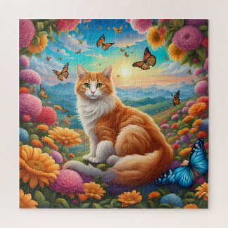 Pluizige kat zitten in een veld van bloemen legpuzzel