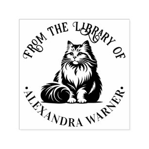Pluizige Langharige Kat Zit #1 Bibliotheek Boek Na Zelfinktende Stempel