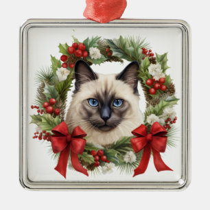 PLUIZIGE WATERVERF VAKANTIE KERSTMIS SIAMESE KAT METALEN ORNAMENT