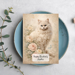 Pluizige Witte Kat met Rozen Kaart