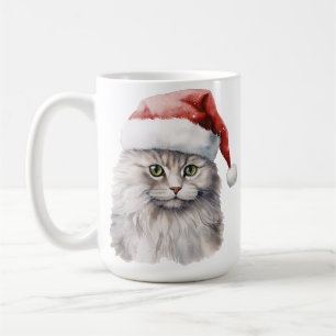 PLUIZIGE WITTE LANGHARIGE KAT MET KERSTMUTS KOFFIEMOK