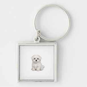 Pluizige Witte Maltezer Puppy Portret Schattige Ho Sleutelhanger