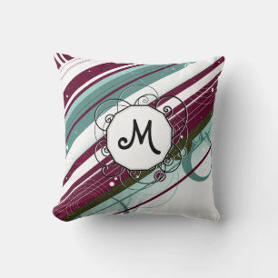 Plum and Blauwgroen Modern-Retro Stripes met monog Kussen
