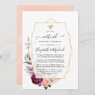 Plum and Blush Floral Geometric Virtual Wedding Kaart