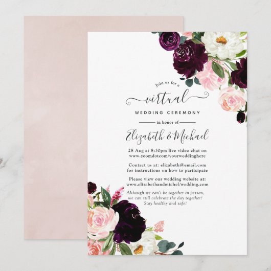 Plum and Blush Pink Online Virtual Wedding Kaart (Voorkant / Achterkant)