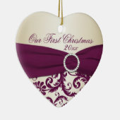 Plum and Champagne Damask First Kerstversiering Keramisch Ornament (Rechts)