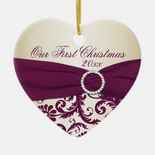 Plum and Champagne Damask First Kerstversiering Keramisch Ornament (Voorkant)