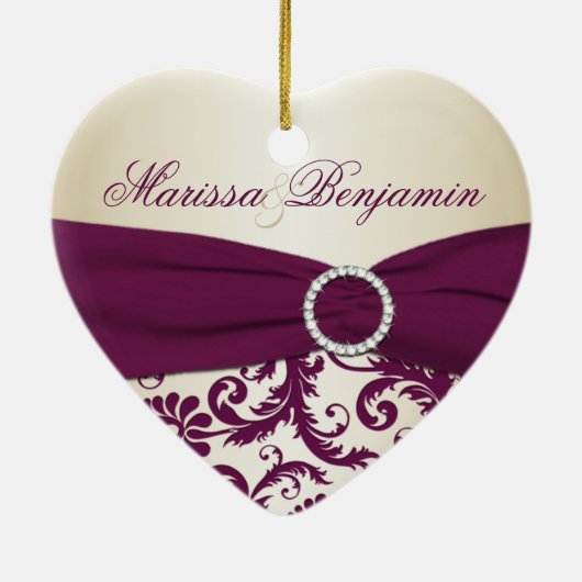 Plum and Champagne Damask First Kerstversiering Keramisch Ornament (Achterkant)