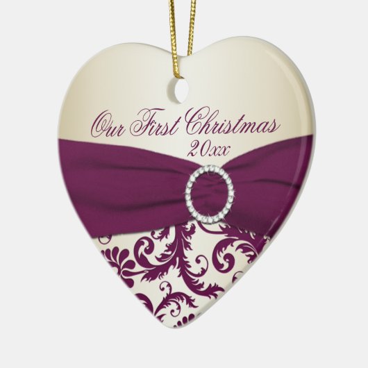 Plum and Champagne Damask First Kerstversiering Keramisch Ornament (Links)