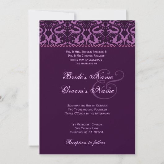 Plum and Eggplant Paars Damask Wedding Kaart (Voorkant)
