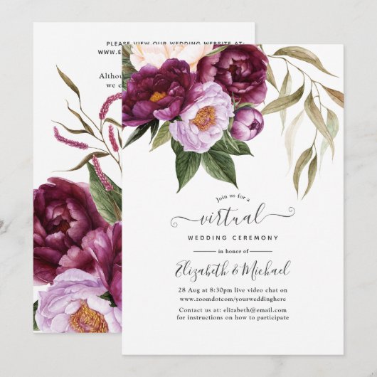 Plum and Pastel Violet Floral Virtual Wedding Kaart (Voorkant / Achterkant)