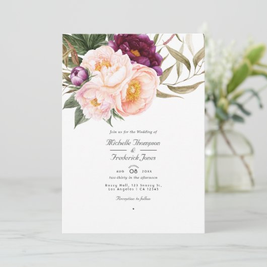 Plum and Peach Floral QR Code RSVP Weddenschap Kaart (Staand voorkant)