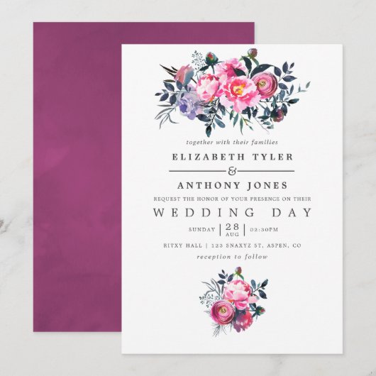 Plum and Pink Waterverf Floral Wedding Invite Kaart (Voorkant / Achterkant)