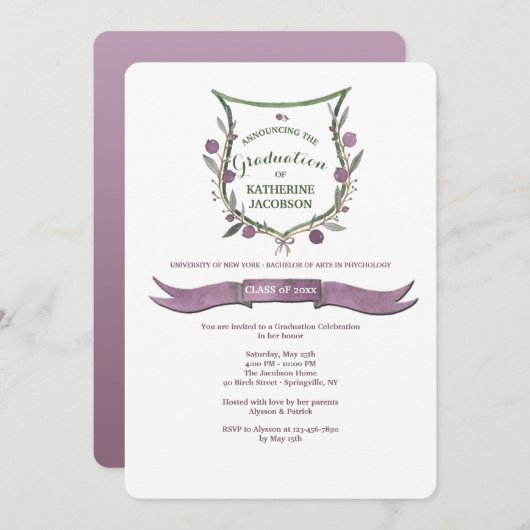 Plum Berry Shield Afstuderen Uitnodiging (Voorkant / Achterkant)