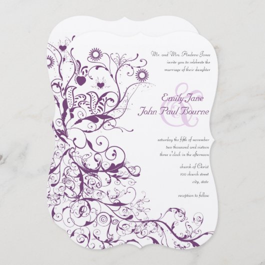 Plum Birds & Swirls Wedding Invitations (Devant / Derrière)