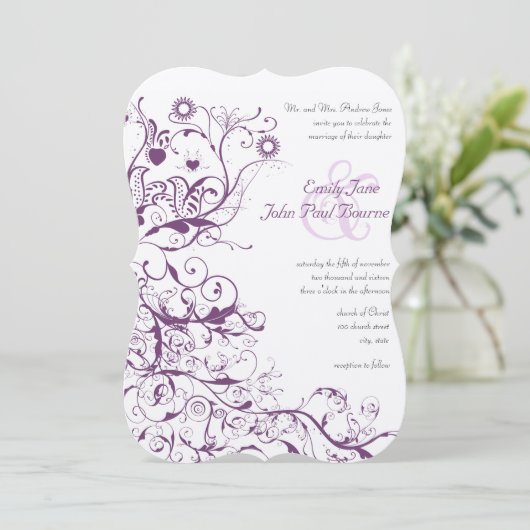 Plum Birds & Swirls Wedding Invitations (Debout devant)
