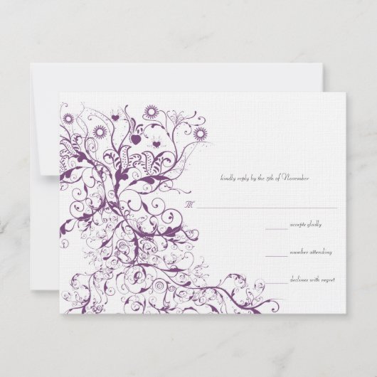 Plum Birds & Swirls Wedding RSVP Response Kaarten (Voorkant)