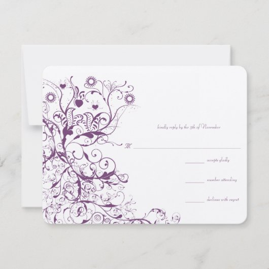 Plum Birds & Swirls Wedding RSVP Response Kaarten (Voorkant)