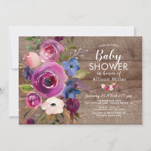 Plum bleu rustique Floral BÉBÉ Douche Invitations (Devant)