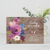 Plum bleu rustique Floral BÉBÉ Douche Invitations (Debout devant)