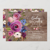 Plum bleu rustique Floral BÉBÉ Douche Invitations (Devant / Derrière)