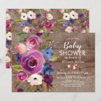 Plum bleu rustique Floral BÉBÉ Douche Invitations