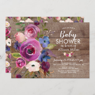 Plum bleu rustique Floral BÉBÉ Douche Invitations