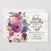 Plum bleu rustique Floral BÉBÉ Douche Invitations (Devant)