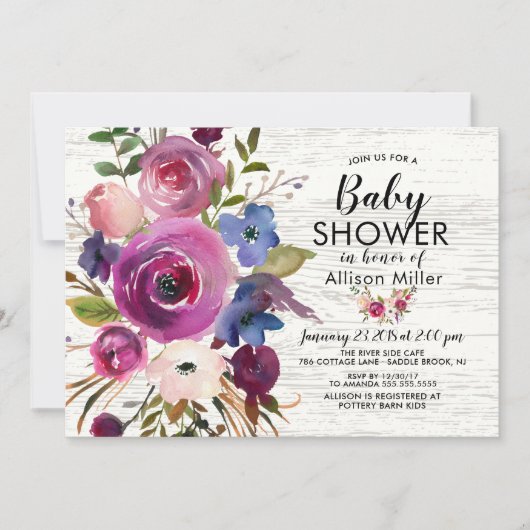Plum bleu rustique Floral BÉBÉ Douche Invitations (Devant)