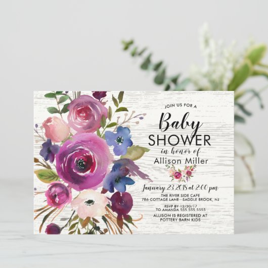 Plum bleu rustique Floral BÉBÉ Douche Invitations (Debout devant)
