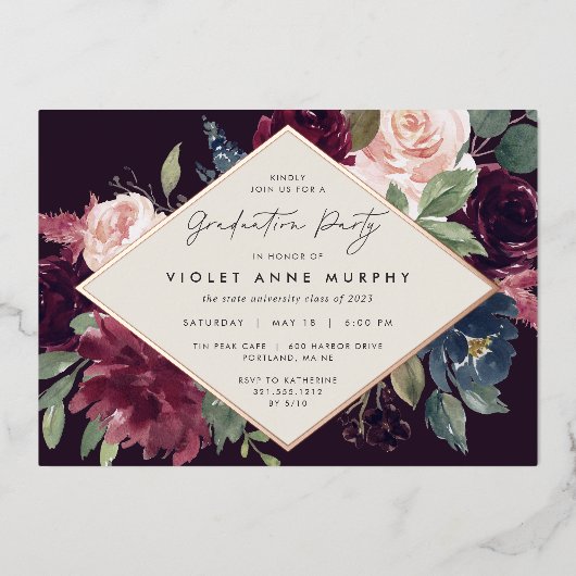 Plum Blossom Graduation Party Folie Uitnodiging (Voorkant)