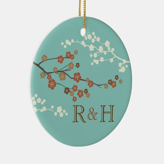 Plum Blossom Monogram Custom Ornament Blauwgroen B (Rechts)