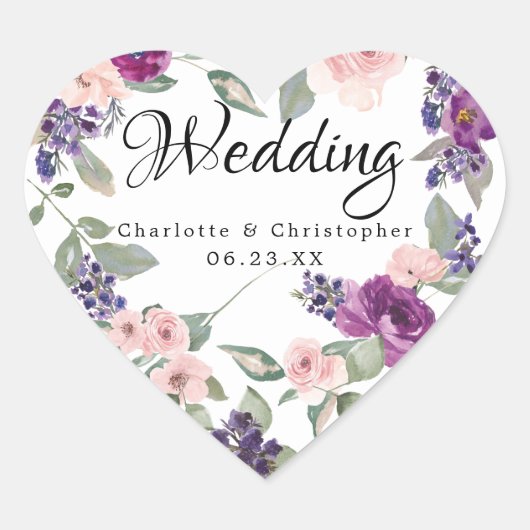 Plum Blush Bloemen Hart Bruiloft Envelop Seal Hart Sticker (Voorkant)