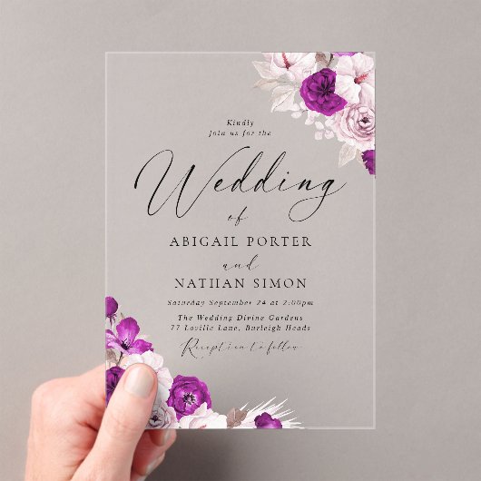 Plum & Blush Bloemen Waterverf bruiloft Acryl Uitnodigingen (Insitu (Draagbaar))