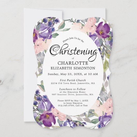 Plum Blush Floral Christening Invitations Kaart (Voorkant)